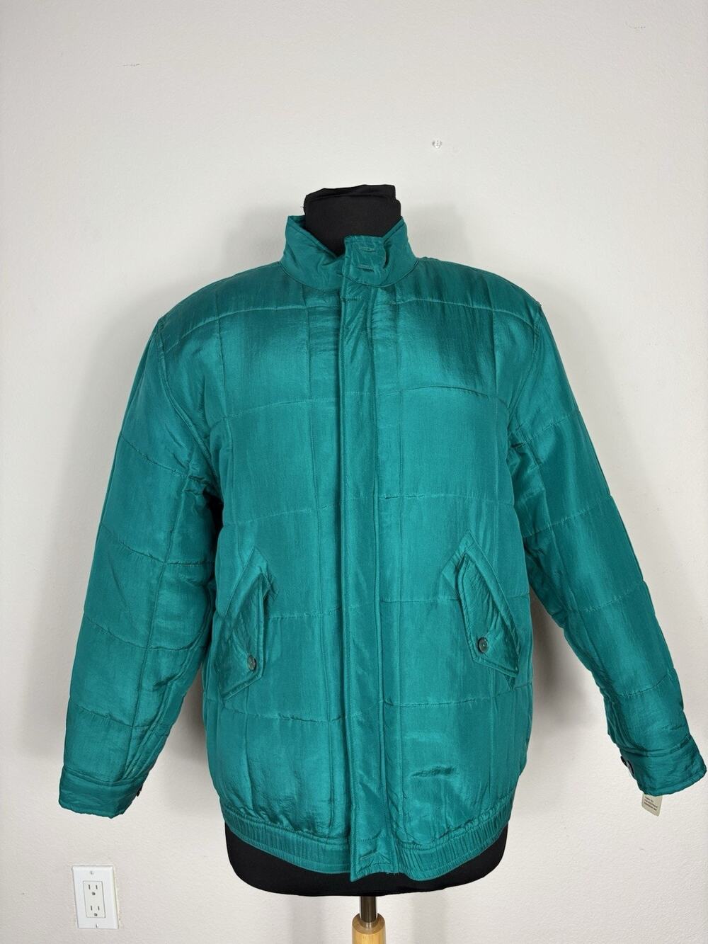 Vintage Clio Petites 100% Silk Quilted Puffer Jacket Teal Green Petite Large 90s